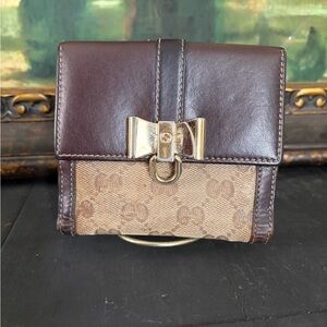 Gucci GG Monogram Bow Wallet with Brown Leather